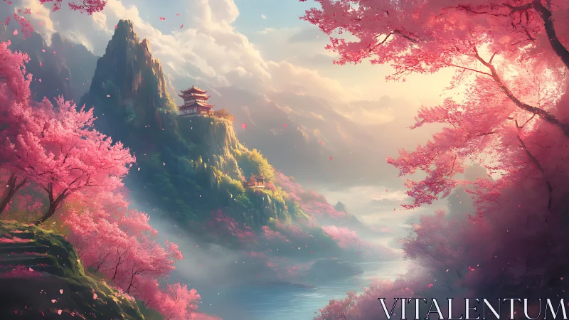 Layered sakura valley with atmospheric depth and temple silhouettes