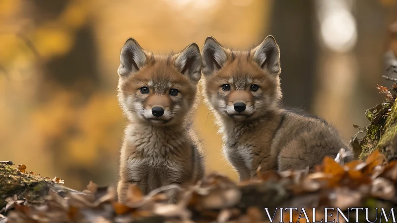 Two alert fox cubs in soft autumn forest light.
