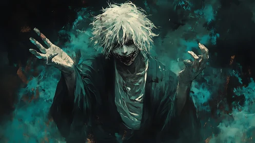 White haired wraith conjures teal smoke in painterly gloom.