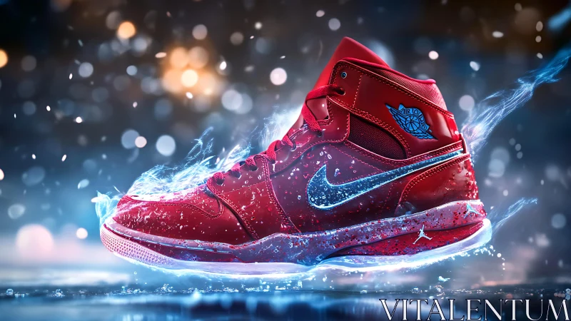Luminous red sneaker ignites with electric energy in motion