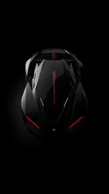 Sleek black supercar rests in darkness with bold red lines
