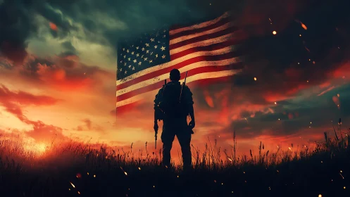 Digital painting of lone soldier silhouette under US flag at dusk.