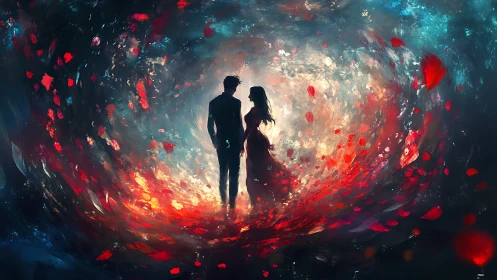 Two Silhouettes Dancing Through Crimson Chaos.