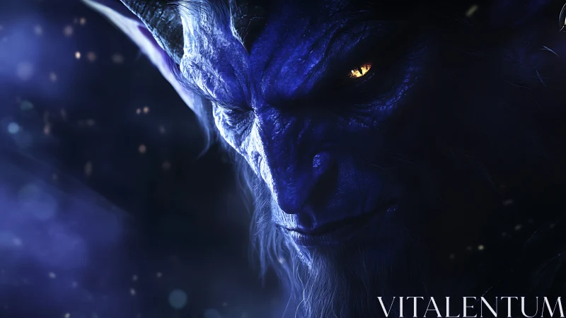 Sinister blue demon close-up with glowing yellow eye.