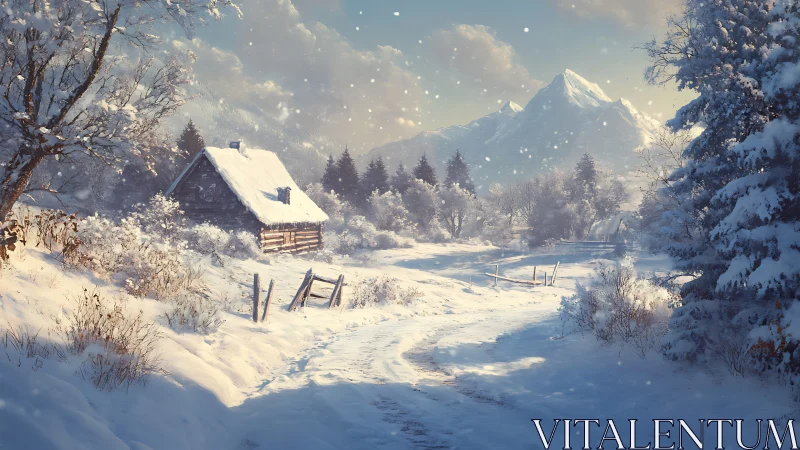 Cozy mountain cabin resting softly in a peaceful winter hush.