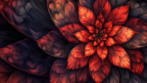 Digital painting floriform mandala with layered crimson petals.