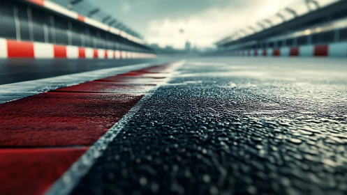 Wet racing circuit curb with close asphalt texture view.