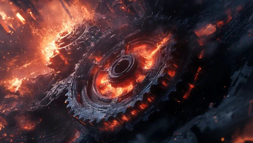 Molten industrial gears turning in a fiery inferno.