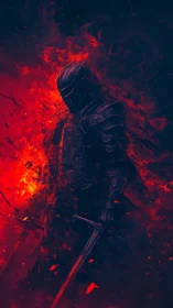 Fiery dark knight emerging from glowing crimson embers.