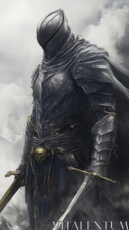 Armored figure with dual swords in misted monochrome setting.