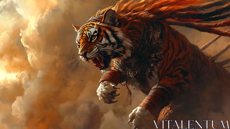 Skyborne war-tiger storms through ember clouds of fury.