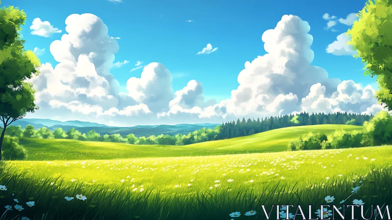 Cumulus-dominated meadow panorama under high-saturation daylight.