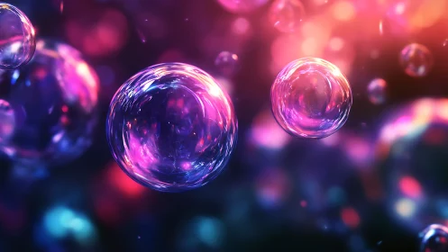 Chromatic bubbles drift softly through neon dusk light