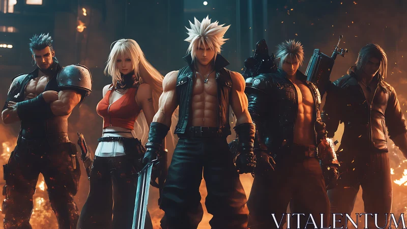 Cinematic 3D hero lineup in fiery industrial battleground.