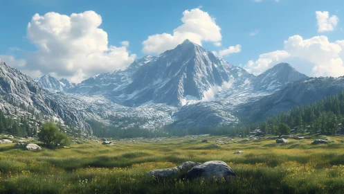 Snowcapped mountain range over grassy alpine valley under sky.