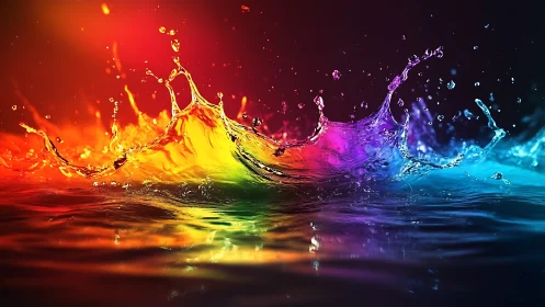 Prismatic water splash arcs across dark reflective surface.