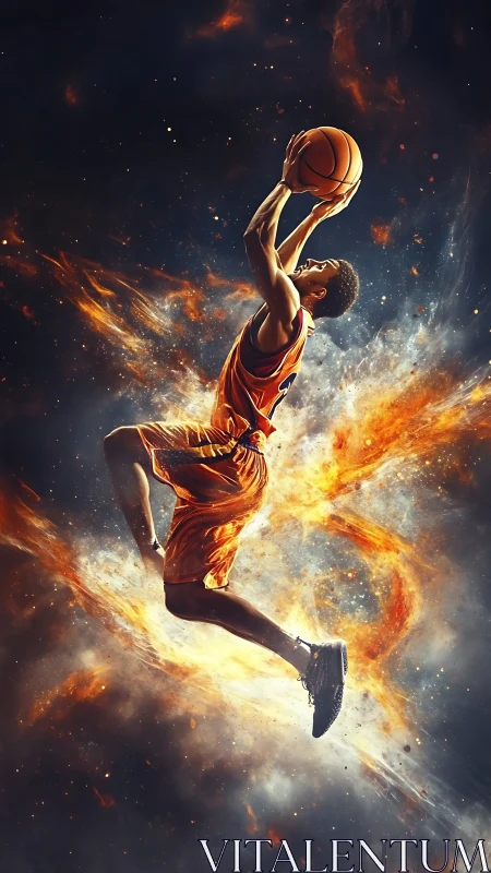 Basketball player in fiery cosmic jump motion artwork.