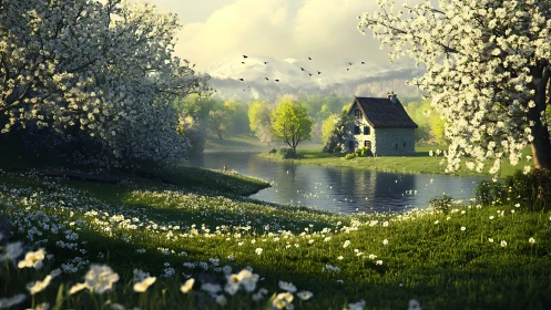 Springtime cottage beside a quiet lake under soft mountains.
