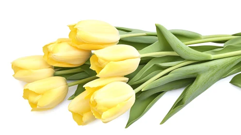 Yellow tulips with green stems on white background.