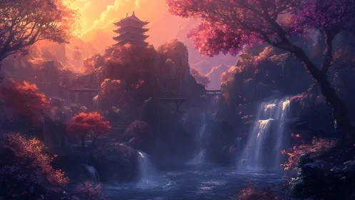 Sunlit mountain pagoda above misty waterfalls at dusk.