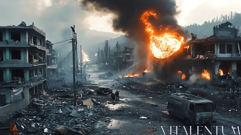 Urban war zone street with burning buildings and rubble