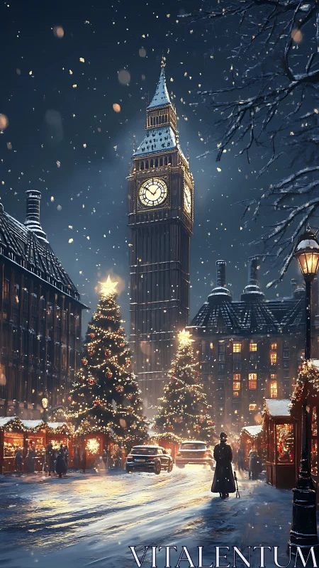 Snowlit London Christmas market beneath clock tower.