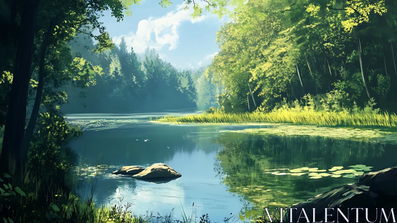 Sunlit forest lagoon whispering in mirrored greens.