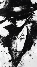 Ink-splattered anime swordsman emerges from stark shadows