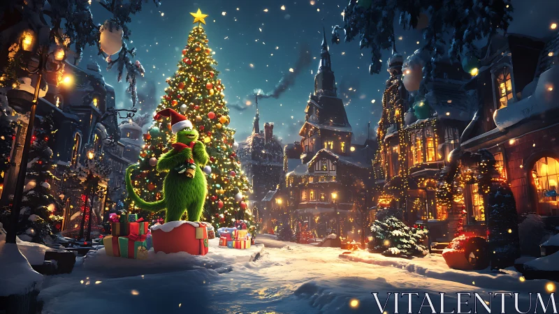 Whimsical green creature under glowing village Christmas tree.