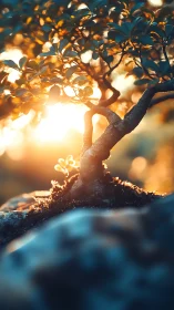 Photorealistic bonsai study in golden-hour backlighting focus.