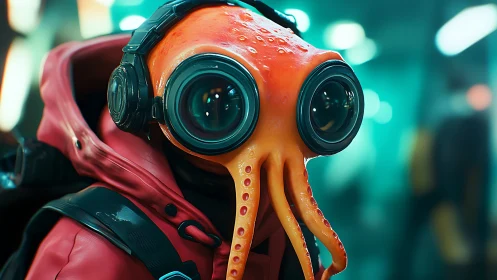 Cyber squid explorer gazes through oversized tech goggles.