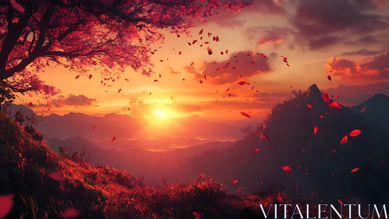 Crimson petals spiral over glowing mountain sunset valley