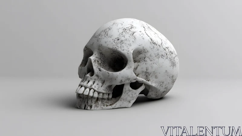 Realistic Human Skull on Gray Background, Minimalist Style.