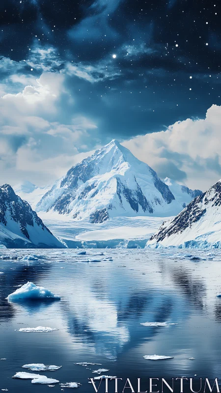 Peaceful starlit glacier peaks mirrored in icy waters.