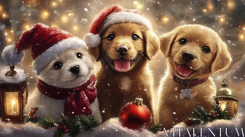 Three Christmas puppies in snow with festive decorations.