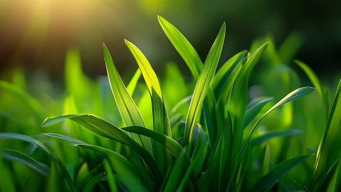 Sunlit Green Grass Blades in Nature Close-Up, Soft Focus Style.