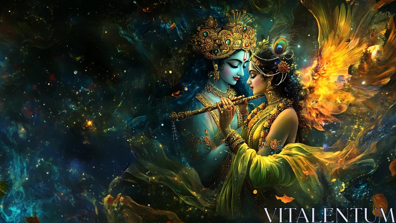 Divine couple in ornate cosmic scene with glowing colors.
