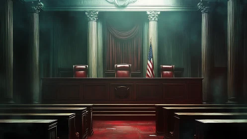 Empty grand courtroom interior glows under moody light