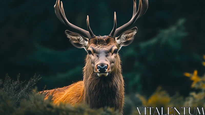 Gentle forest stag standing calm beneath deep green woods.
