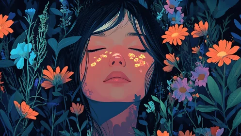 Portrait of woman among neon-toned wildflowers at night.