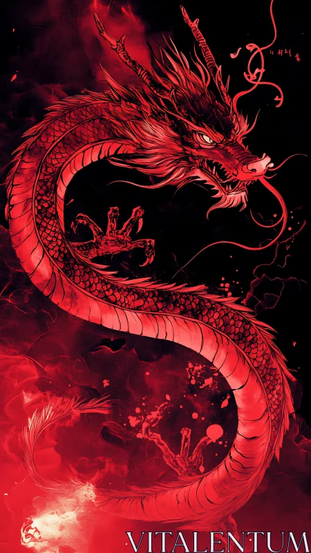 Fiery red dragon swirling through a storm of shadows.