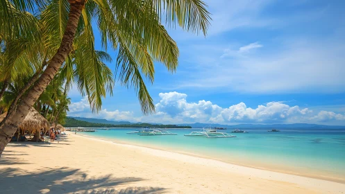Tropical Anchorage: Turquoise Lagoon With Outrigger Vessels.