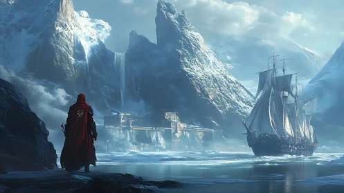 Scarlet wanderer and icebound galleon in a mythic fjord.