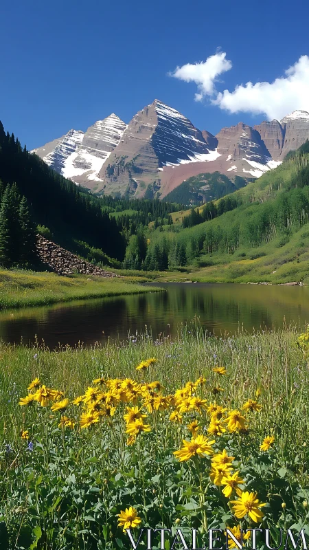 Snowy mountain peaks above alpine lake and wildflowers.