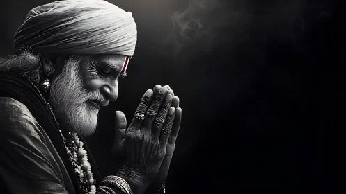 Elderly man in profile with hands joined against dark background.