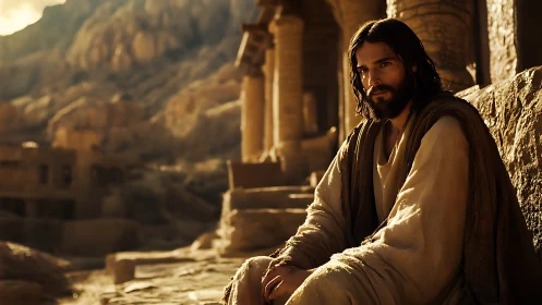 Desert quietude wraps a robed wanderer in molten sunset