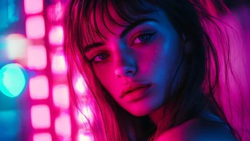 Female portrait in neon pink and blue studio lighting setup.