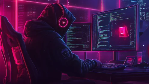 Hooded hacker codes in neon cyberpunk workstation glow.