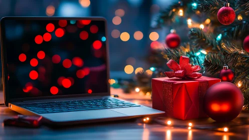 Holiday lights glow around a laptop and wrapped red gift