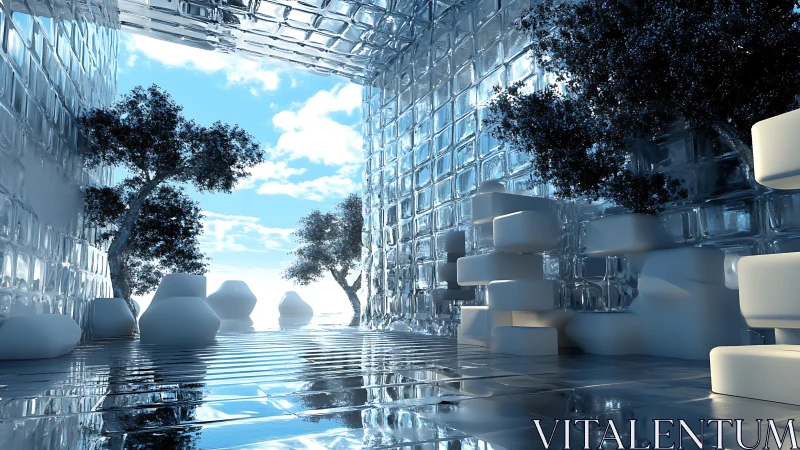 Rendered architectural environment with modernist structures and inserted vegetation elements.